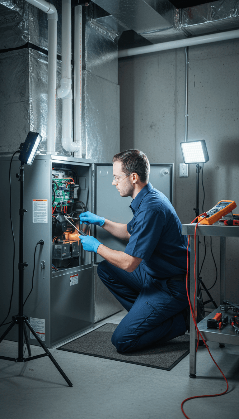Technician in uniform inspecting and adjusting furnace components in residential basement mechanical room