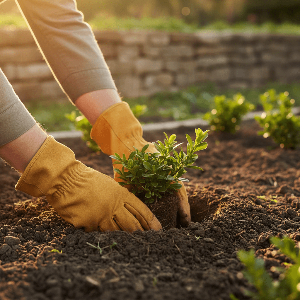 Landscaper's gloved hands carefully planting a young shrub into rich soil in a prepared garden bed.