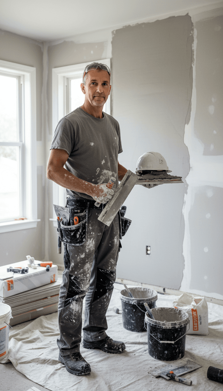 Professional plasterer standing in renovation workspace wearing work attire and holding finishing tools