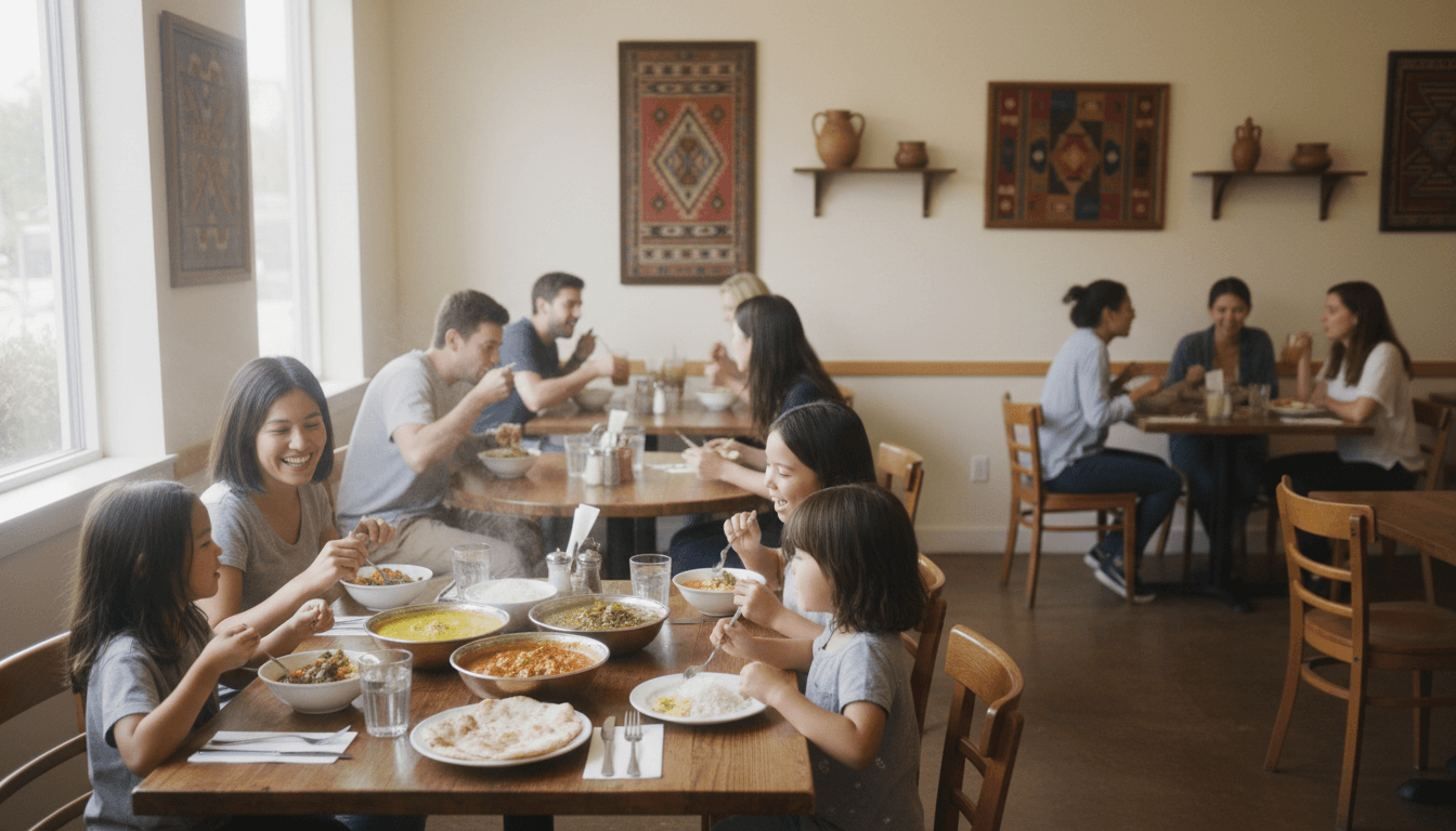 Casual dining room with families enjoying curry meals at wooden tables, filled with natural afternoon light and warm ambiance
